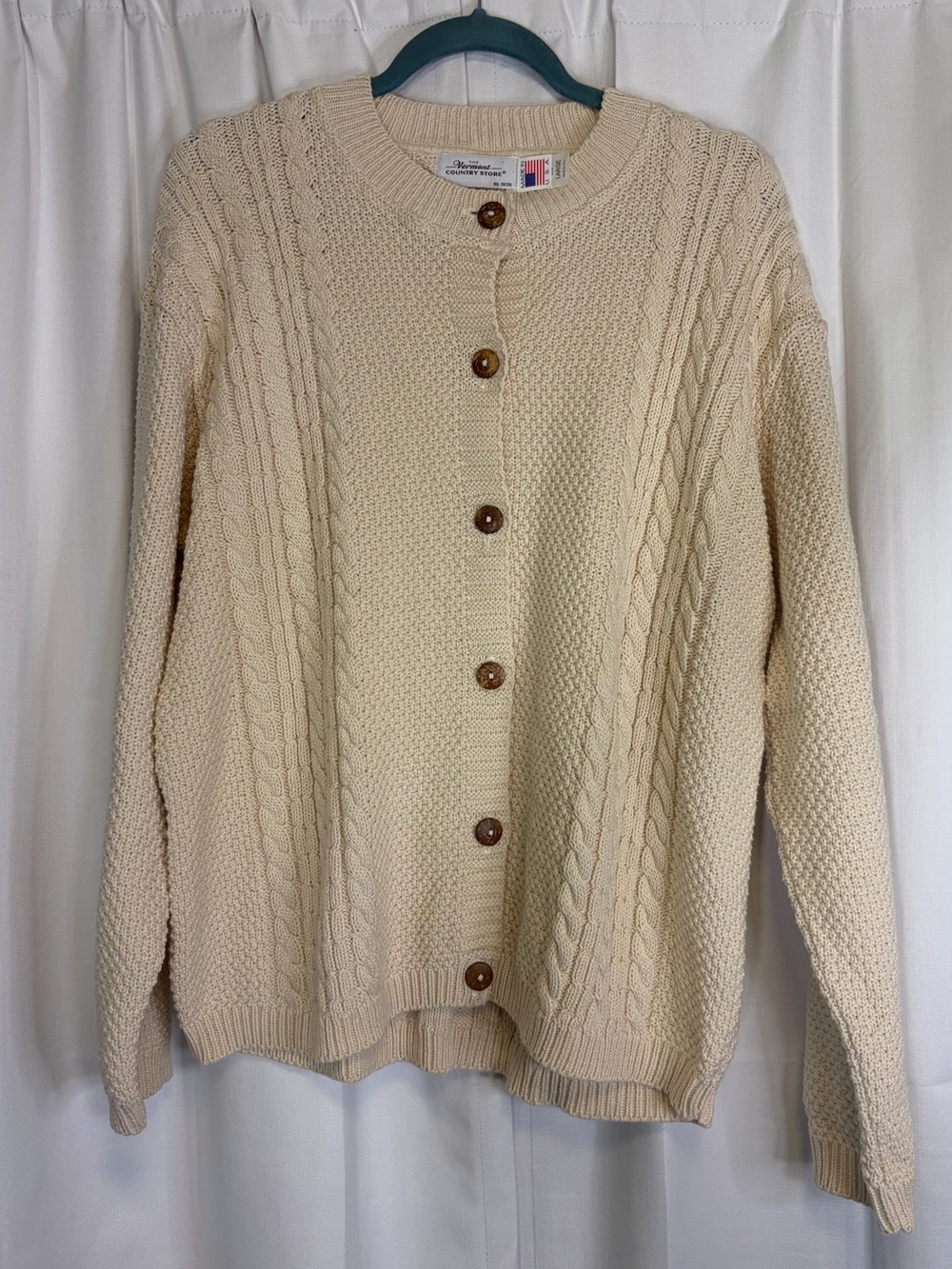 Vintage Vermont Country Store Creme cable knit cotton cardigan sweater Large